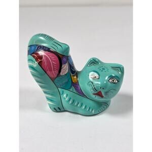 Talavera Mexico Blue/Teal Kitty Cat Stretching Folk Art Clay Pottery